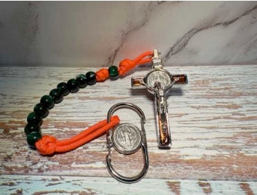 Decade UM-Saint Benedict cross, Orange 550 paracord, Acrylic green beads.