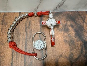 One Decade-CG -Saint Benedict cross, Red 550 paracord, Silver coated 12 mm beads.