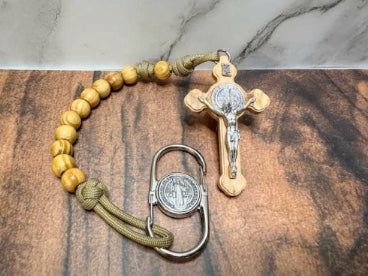 One Decade Gold/Wood- St. Benedict cross, Gold 550 paracord, 12mm wood beads.